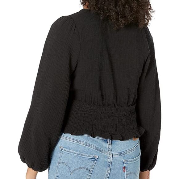 Madewell Black Cropped Long Sleeve Blouse Size XXS Balloon Sleeve Elastic Waist - Picture 3 of 12